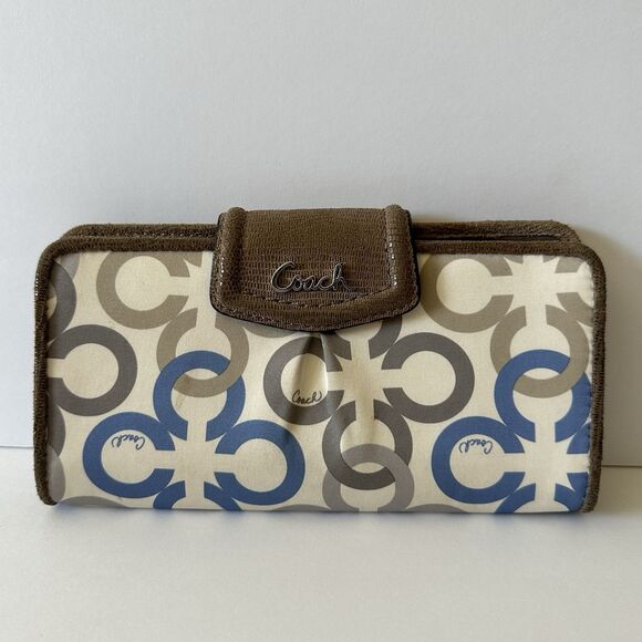Coach Women's Madison Clover Op Art Wallet Blue Cream Brown Satin - Picture 1 of 15